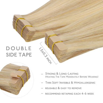 Tape in Hair Extensions Human Hair, 20pcs 50g 18 inch Light Blonde Highlighted Golden Blonde Remy Hair - photo 3