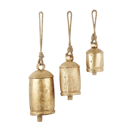 Metal Cow Bells, Meditation Bell, Set of 3, 10", 7", 5"H, Gold