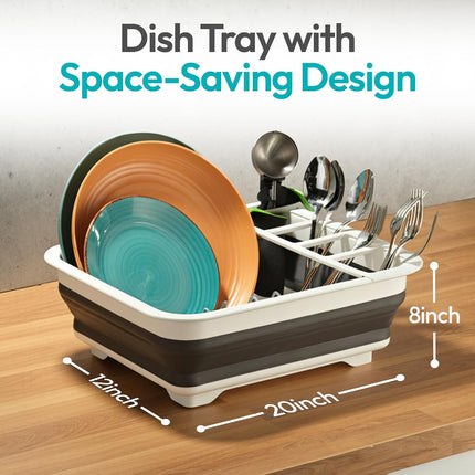 Pop-Up Collapsible Dish Drying Rack with Cutlery Compartment, Gray