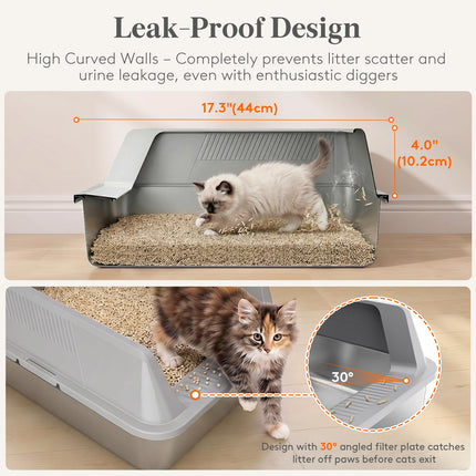 Stainless Steel Cat Litter Box for Kitty, 17.7"× 13.8"× 8.3", Gray