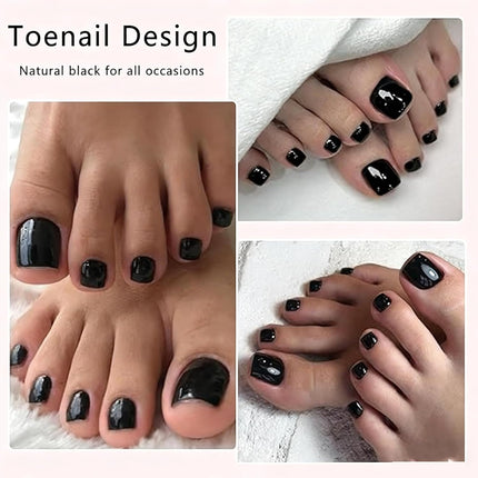 24pcs Black Toe Nail Press Ons Square Toe Press On Nails Pre-Designed Soft Gel Thick False Toenail Extension Acrylic Full Cover Fake Toenails Nail Supplies