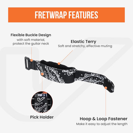 Gruv Gear Fret Wrap & Guitar Mute, Fretwrap for Acoustic, Electric & Bass | String Dampener Recording, Tapping & Practice Accessory (1 Pack, Extra Large Bandana Black, Fits 7-12 String Bass, Extended