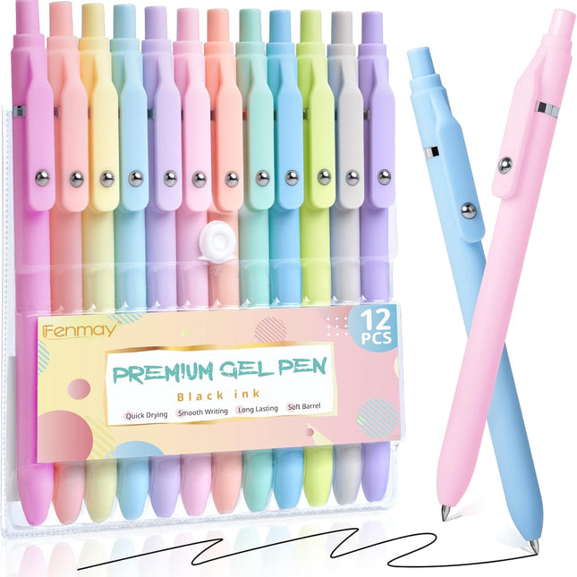 Gel Pens, 12 Pcs 0.5mm Fine Point Aesthetic Pens, Quick Dry No Smudge, Smooth Writing Comfortable Grip Pen, Cute Black