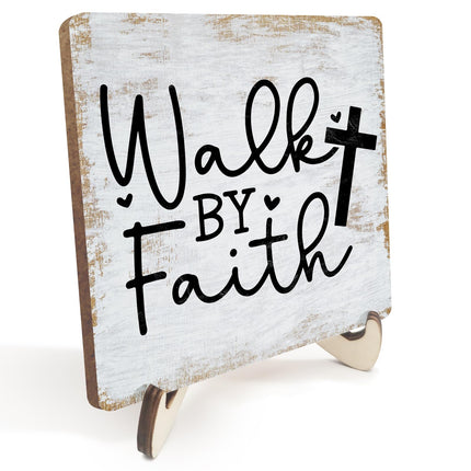 Motivational Sign Rustic Desk Decor Decorative Christian Gifts Religious Bible Verse Faith Decoration for Home Coffee Shop Office Table Shelf Tiered Tray Plaque with Wood Stand