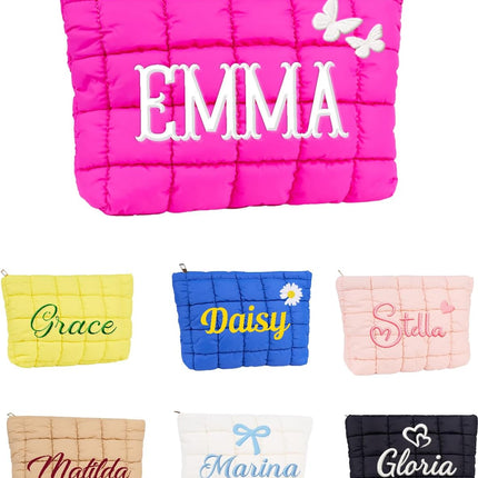 Personalized Embroidery Makeup Bag for Women, Cotton Fluffy Bubbles Bridesmaid Cosmetic Bags, Cute Aesthetic Toiletry Travel Pouchs Handbags Purse, Mother's Day, Christmas,Birthday Wedding Gifts