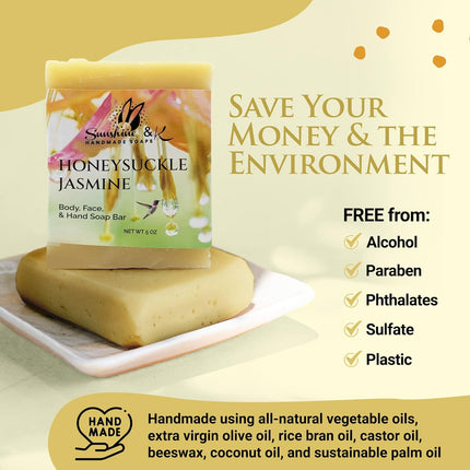 Sunshine & K Handmade Soaps Honeysuckle Jasmine - Body & Hand Soap Bar, Handmade Bath Soap, Moisturizing Bar Soap With Beeswax, Rice Bran Oil, & Natural Base Oils, Soap Bars, 5 oz