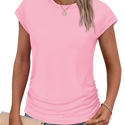 Womens Summer Tops Trendy 2026 Ruched Cap Short Sleeve Tshirts Shirts Crew Neck T Shirts Fashion
