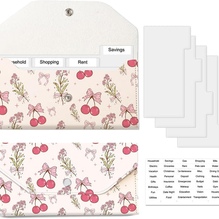 Cash Envelope Wallet, Reusable Budget Money Wallet, Cute PU Leather Money Saving Wallet with 4 Dividers & 1 Sheet Category Stickers Cherry Floral