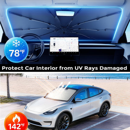 Umbrella Windshield Sun Shade for Car & SUV, Car Sunshade for Front Windshield [Nano Ice-Crystal Coatings] UPF50+ Heat & UV Block, Protect Interior & Keep Cooler Universal for Most of Sedan & SUV