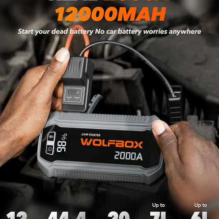 WOLFBOX 2000A Jump Starter, 44.4Wh Battery Jumper Starter Portable with LED Display, 12V Car Battery Jump Starter Pack (7L Gas 6L Diesel Engine) with Booster, LED Light, Jumper Cables (NO Adapter)
