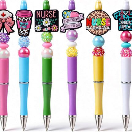 Nurse Pens, 6 Pcs Beadable Pens for Nurses Cute Ballpoint Apprieciation Week Gifts Nursing Medical Students Fun Pens
