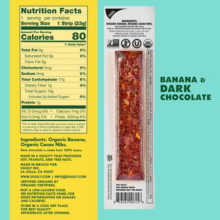 SOLELY - Organic Banana Chocolate Drizzled Fruit Jerky - 1 Individually Wrapped Fruit Strip - Fruit Leather Made from Dried Fruit - Healthy Snacks for Adults & Kids - Vegan, Non GMO - 0.8oz (23g)