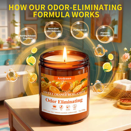 Sweet Orange Bergamot Odor Eliminating Candles | Eliminates 95% of Pet, Smoke & Bathroom Odors – 7oz Hand Poured Non-Toxic Soy Candle - Air Freshing Scented Candle Gifts for Positive & Relaxation