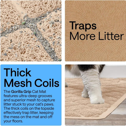 GORILLA GRIP Cat Litter Box Mat, Cushioned Coil Mesh Litter Trapping Mats, Scatter Control Supplies for Less Mess, Phthalate Free, Ultra Deep Catch Grooves, Rinse or Vacuum to Clean, 17x11 Beige