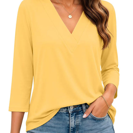 Womens 3/4 Sleeve V Neck Tops Loose Fit T Shirts Casual Blouses