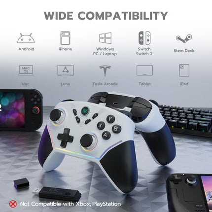 ISHAKO Wireless Gaming Controller with Hall Effect Joysticks&Triggers, 1200mAh Battery, 1000Hz Polling Rate, 4 Back Buttons, RGB Lighting – Works with PC Windows/Mac/Steam/Luna/Tesla/Switch- White