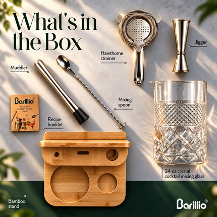 24 Oz Crystal Cocktail Mixing Glass with Bamboo Stand & Bar Tools | Seamless Lead-Free Crystal, Weighted Base Stirring Pitcher | Including Muddler, Mixing Spoon, Jigger and Strainer