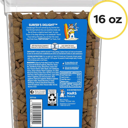 Temptations Cat Treats MixUps Surfer's Delight, Tuna, Shrimp, Salmon Flavor, Crunchy and Soft Cat Treats, 16 oz. Tub