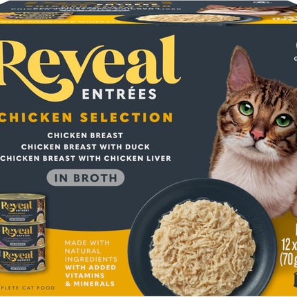 Reveal Entrées Natural Wet Cat Food, Grain-Free with Added Vitamins & Minerals, Carrageenan-Free and High Protein, Chicken Variety Selection in Broth (12 x 2.47 oz cans)