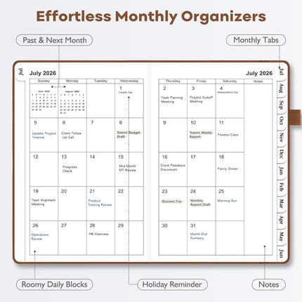 OMEYA Leather Academic Planner 2026-2027: A5 Brown Business Weekly & Monthly Planner for Work, July 2026 – June 2027, 100gsm Thick Paper, Durable Stitched Binding, Tabs, Pen Loop, Pocket