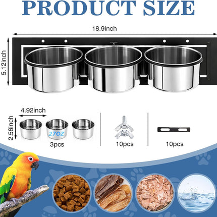 LemonRoad 3 Pcs Stainless Steel Bird Feeder Cups with Swing Gate, Durable Rustproof Feeder with Holder (18.9" x 5.12") for Parrots, Cockatiels, Lovebirds, Easy to Install, Perfect for Large Bird Cages