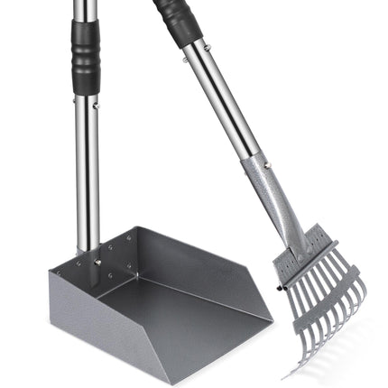 Dog Pooper Scooper, Dog Poop Tray and Rake Set with Long Stainless Handles