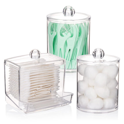 3 Pack Qtips Holder Bathroom Container, 10 oz Cotton Ball/Swabs Dispenser, Apothecary Jar Organizer for Storage Brown Wood Lids
