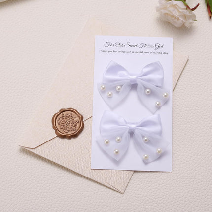 Flower Girl Pearl Hair Clip - 2 Pack Lace Bow Tulle Toddler Hair Clips from Bride, Wedding Hairs Accessories for Niece Granddaughter Baby Girls, Elegant Flower Girl Hair Jewelry for Bridesmaid Party