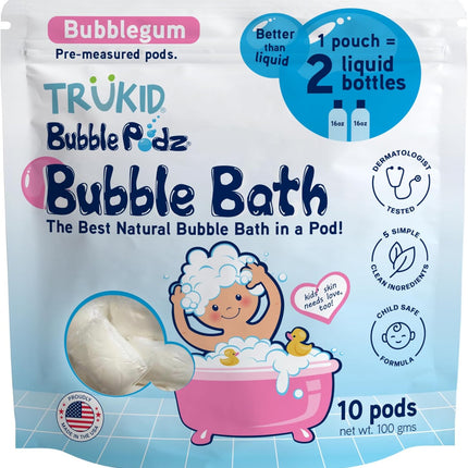 TruKid Bubble Podz Bubble Bath for Kids, Toddlers, & Babies, Tear Free Gentle & Refreshing Bath Bomb for Sensitive Skin with Natural Moisturizers, Non-Toxic, pH Balanced, Bubble Gum Scent (10 Podz)