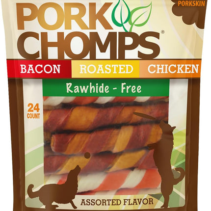 Pork Chomps Baked Pork Skin Dog Chews, 6 Inch Twists, 24 Count - Assorted Flavors - Long-Lasting Treats for Dogs - High Protein, Rawhide-Free, Low Fat, Healthy & Delicious Chews