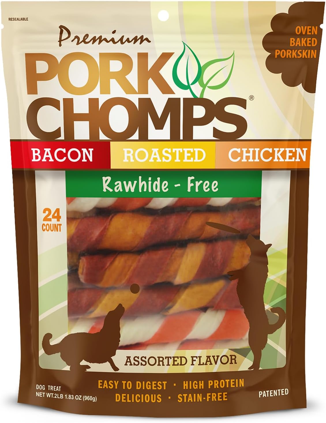 Baked Pork Skin Dog Chews, 6 Inch Twists, 24 Count - Assorted Flavors - Long-Lasting Treats for Dogs - High Protein