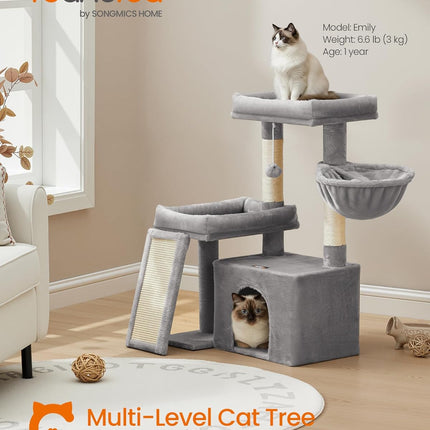 Feandrea Cat Tree, Cat Tower Condo with Scratching Posts and Ramp, 2 Large Perches, Cave, Basket, 33.8 Inches Tall, Dove Gray UPCT013GD02S