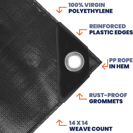 Tarpco Safety Extra Heavy Duty 14 Mil Tarp Cover, Waterproof, UV Resistant, Rip and Tear Proof, Poly Tarpaulin with Reinforced Edges for Roof, Camping, Patio, Pool, Boat (Black 12′ X 12′)