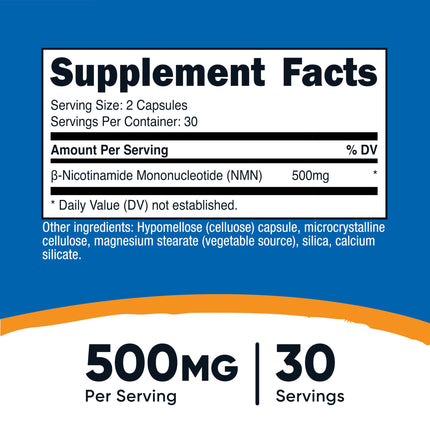 Nutricost NMN 500mg supplement facts and serving size label detail