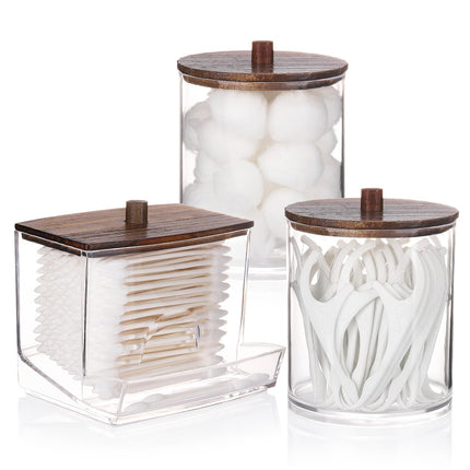 3 Pack Qtips Holder Bathroom Container, 10 oz Cotton Ball/Swabs Dispenser, Apothecary Jar Organizer for Storage Brown Wood Lids