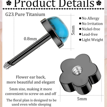 Enticera G23 Titanium Handmade Turquoise Stud Earrings for Sensitive Skin Hypoallergenic Women Flat Back Nap Earrings Studs 20G Screw Back Cartilage Stud Earrings