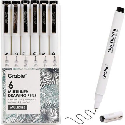 Grabie Black Ink Waterproof Multiliner Drawing Pen Set of 6, Professional Smudge-proof Archival Fineliners, Precision Micro-Line Pens for Artists, Sketching, Illustration, 6 Assorted Nib Sizes