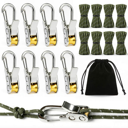8 Pack Rope Tensioner Set with Alloy Buckles and Storage Bag, Adjustable Tie Down Ropes for Tent, Tarp, Hammock, Clothesline, Luggage & Outdoor Use (Green)