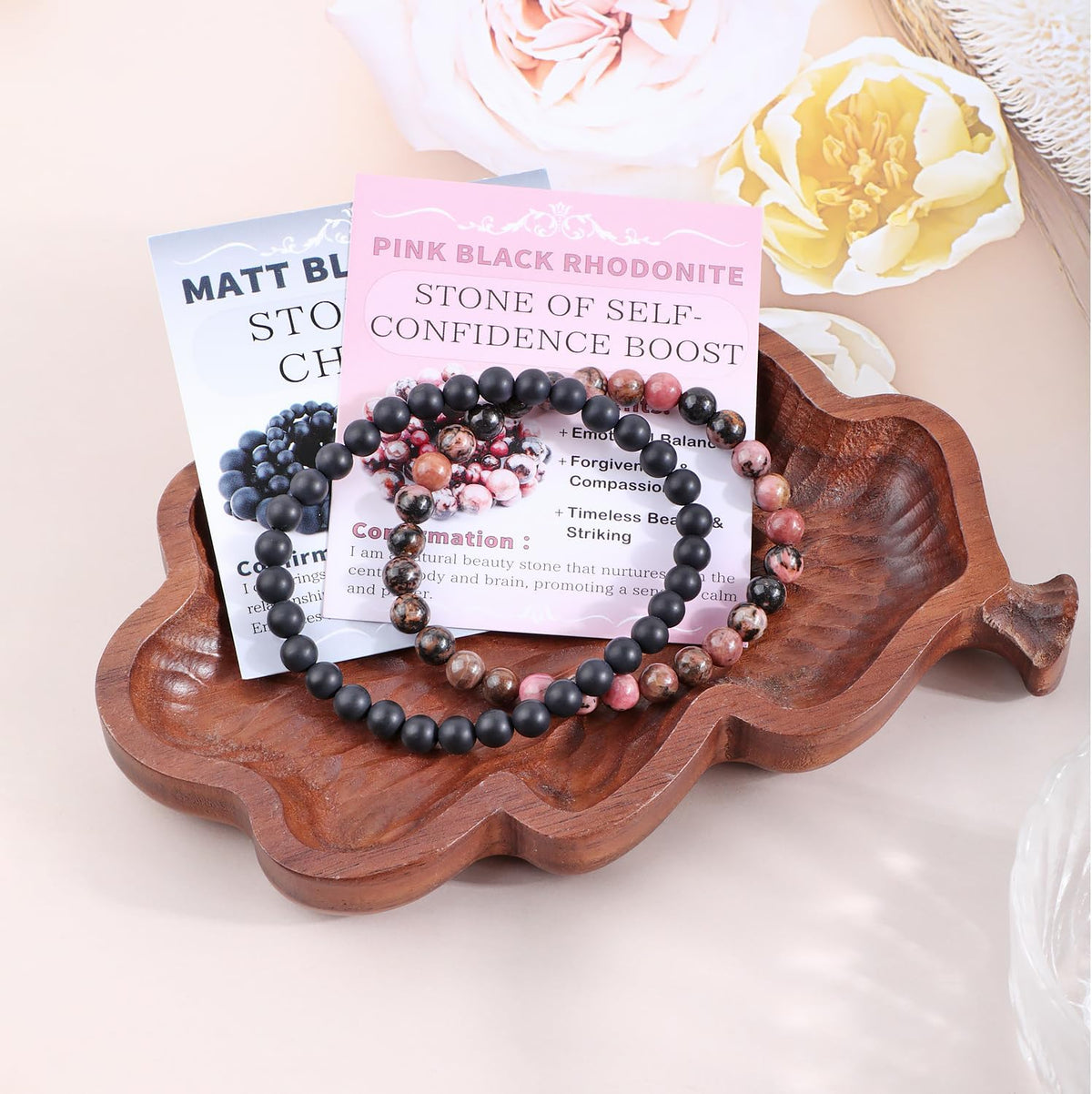 2-Piece 6mm Natural Crystal Gemstone Stretch Bracelets - Pink Black Rhodonite and Matte Black Agate - photo 3