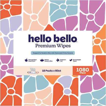Hello Bello Premium Wipes, Designed for Sensitive Skin with Chamomile & Aloe Extracts, Flower Pop (18 Resealable Packets = 1080 Total Wipes)