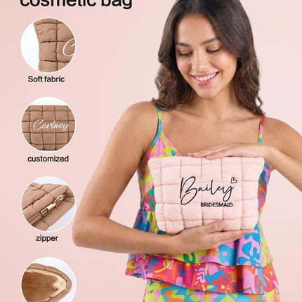Custom Quilted Makeup Bag for Women Girls, Personalized Embroidered Cosmetic Bags, Customized Travel Pouch Toiletry Organizer for Wedding , Bridesmaid, Bachelorette, Birthday, Morther's Day Gift