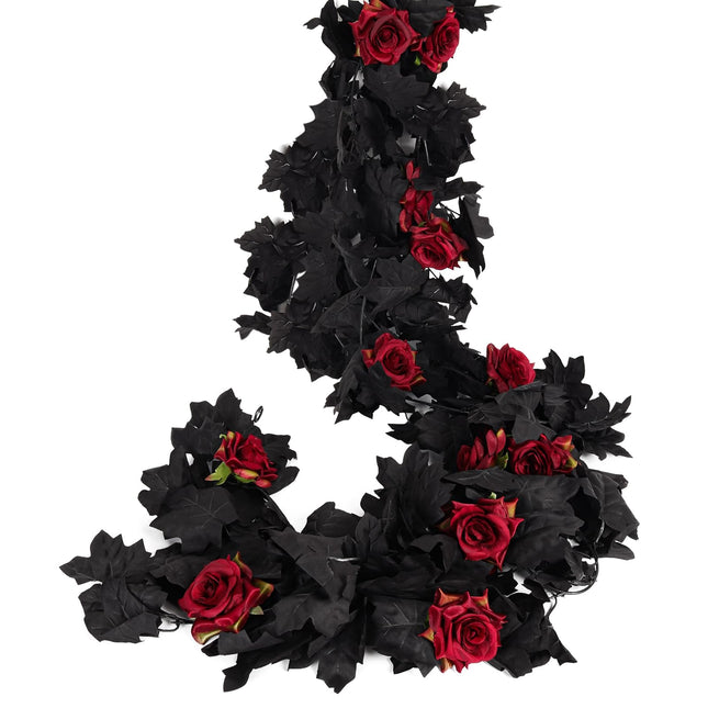 Guirnalda negra artificial de enredadera colgante, guirnalda floral roja artificial