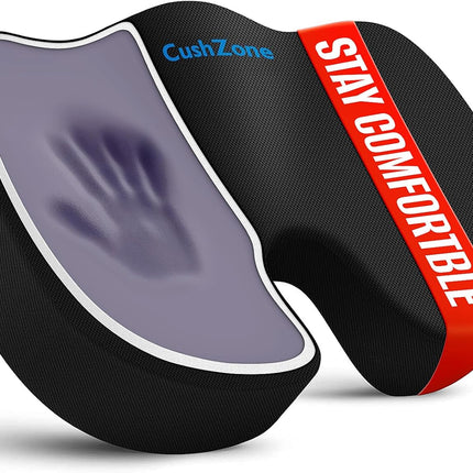 CushZone Seat Cushion - Memory Foam Office Chair Cushion for Sciatica, Tailbone & Back Pain Relief - Orthopedic Coccyx Pillow for Car, Airplane, Pregnancy & Long Sitting at Work, Black