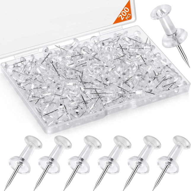 200 Pcs Clear Push Pins Tacks with Plastic Heads and Steel Points