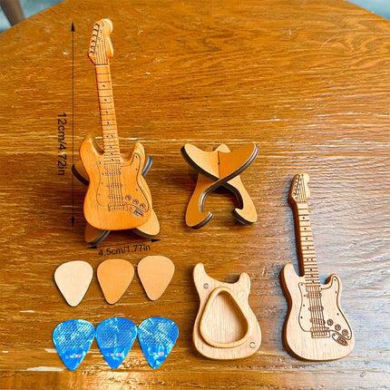 Wooden Guitar Pick Holder with Stand, Wooden Electric Guitar Styling Box with 3 Wood Picks and 3 Non-slip Celluloid Guitar Picks, Guitar Pick Storage Box Set for Guitar, Bass, Ukulele Players