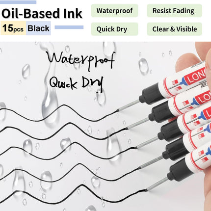 15 Pcs Long Nib Marker, 20 mm Long Head Deep Hole Marker Pens, Fine Nose Tip Deep Reach Permanent Paint Markers for Metal, Marking Pen for Drilling, Carpenter, Woodworking, Construction (Black)