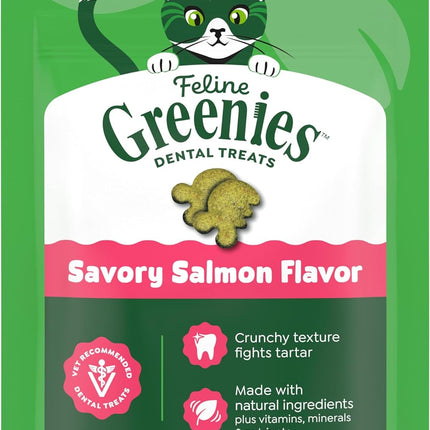 Greenies Cat Treats, Feline Veterinarian-Recommended Adult Natural Dental Cat Treats, Savory Salmon Flavor, 2.1 oz. Pouch