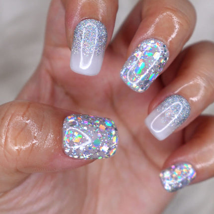10 Pcs Handmade Press on Nails (Large, Futuristic - Holo Silver Chunky Glitter Mix with Unicorn Dust/Extra Short Rounded Square) A092L
