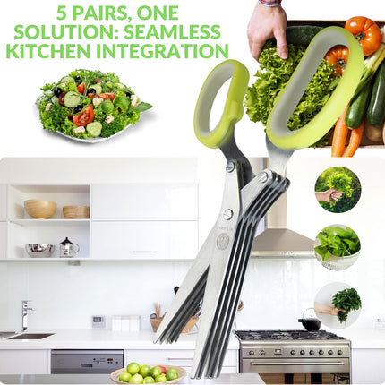 Tijeras de hierbas de 5 hojas con peine de limpieza y cubierta protectora, tijeras de cocina de acero inoxidable para cortar hierbas frescas, cebollines, cilantro, albahaca y verduras de hoja, verdes