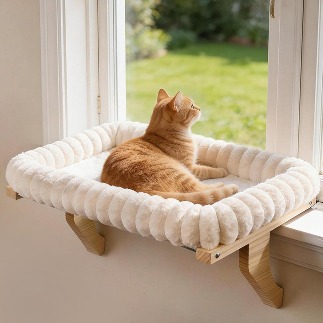 Cat Perch for Window Sill with Bolster, Natural Wood & Metal Frame Cat Window Seat for Large Cats, Easy to Adjust